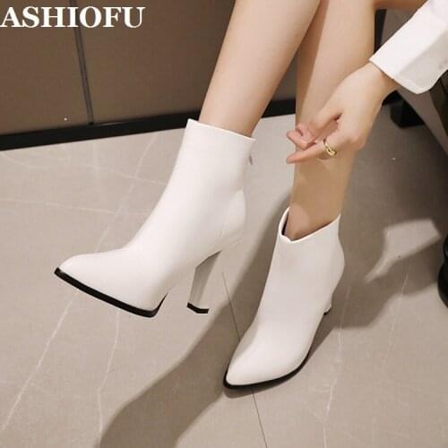 ASHIOFU New Arrival Handmade Ladies Chunky Heels Boots Pointed-toe Party Prom Ankle Booties Evening Winter Fashion Short Boots