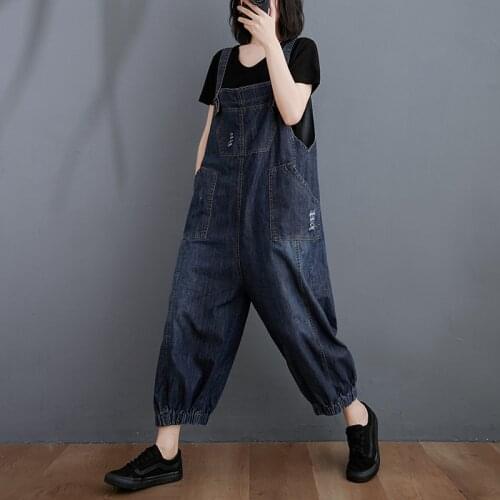 2021 Fashion Streetwear Look Thin Korean Denim Overalls Women Loose Strap Jeans Casual Nine-poin Lantern Jumpsuit Bib Pants