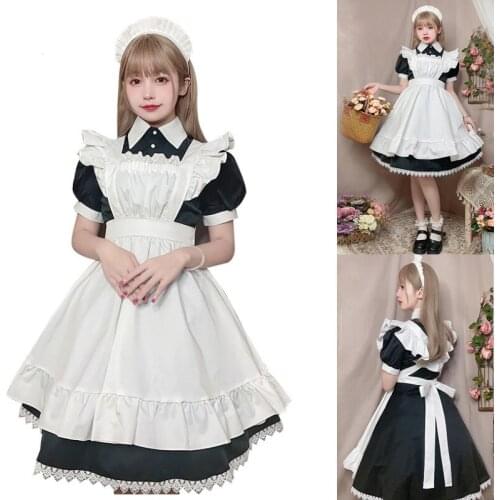 Women Cute Lolita Dresses Costume Pink Short Sleeve Lace Trim Dress Sweet Girls Black Waitress Outfit Cosplay