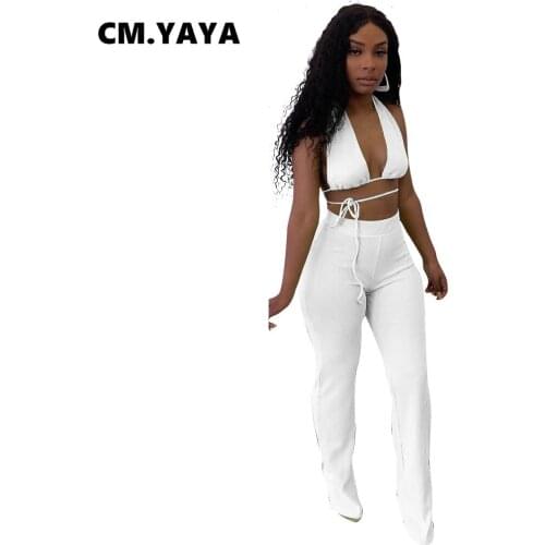 CM.YAYA Women Set Solid Sleeveless Bandage Hollow Out Crop Tops Stretchy Flare Pants Two Piece Set Sexy Tracksuit Summer Outfit
