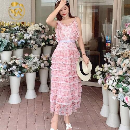 Runway Spaghetti Strap Print Pink Floral Dress Women Backless Sexy Cascading Ruffle Long Dress Female 2021 Sweet Lady Dress