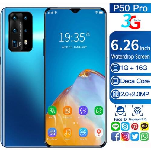 3G WCDMA 6.26" Waterdrop Display Smartphone 1G+16G Two Camera Dual Sim Face ID Fingerprint MTK6580 Quad Core Android 5.1 P50 Pro