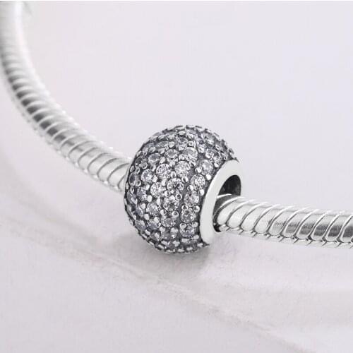 925 Sterling Silver White Zircon Inlaid On The Surface Pave-Set CZ Shimmering Statement Bead Pendant Charm Bracelet For Pandora
