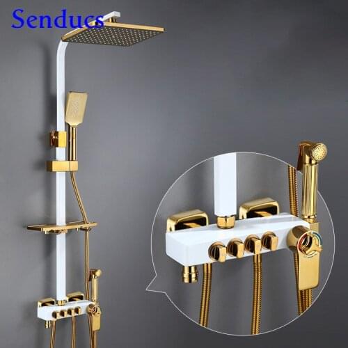 White Gold Bathroom Shower System with ABS Hand Shower Head Brass Bath Bidet Rainfall Shower Set Thermostatic Shower System