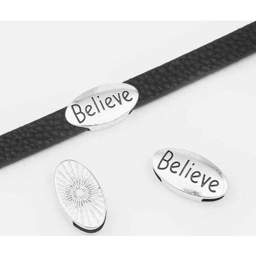 10pcs charms carved "Believe" slider beads spacer for 10mm flat cord diy bracelet jewelry making material