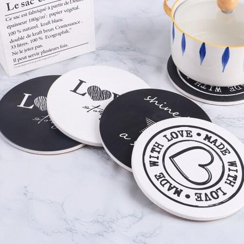 Black and white simple couple ceramic coasters ceramic+cork mat insulation high temperature pot mat