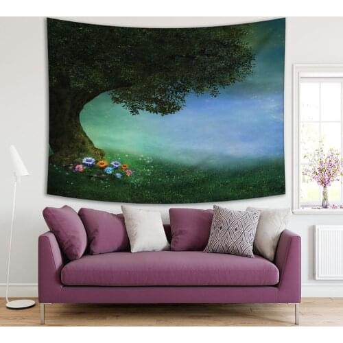 Tapestry Fantasy Tree Magical Flowers Blossoms and Shining Fireflies in a Field Of Mystic Nature Dark Forest Blue Green Orange