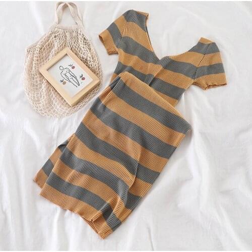 HISUMA Summer V-Neck A-Line Women Ruffles Basic Striped Knitted Shirt Elegant Lady Sexy Long Bodycon Elastic Slim Blouse Tops