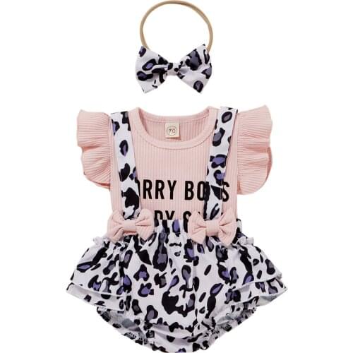 0-24 Months Letter Baby Girl 3pcs Baby Outfit Short Sleeve T-shirt + Leopard Print Suspenders Pantie + Hairband Toddler Girl