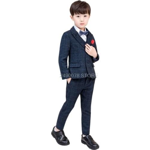Blazer + Pants +Tie 3pcs Boys Formal Tuxedo Suit Gentleman Wedding Party Clothing Set Children Kids Prom Performance Costume