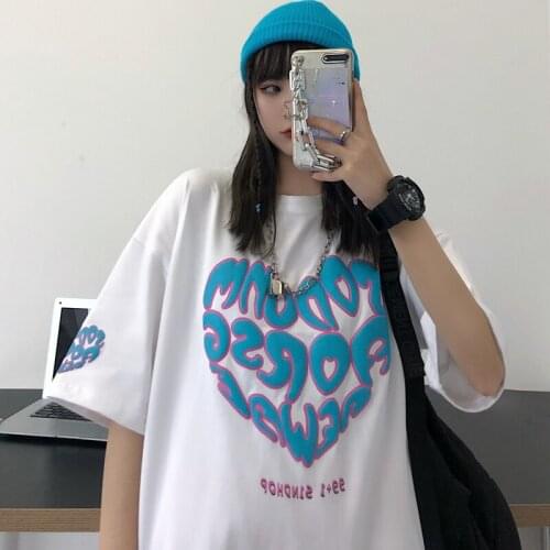 Summer school style love print half-sleeved mid-length loose cotton round neck T-shirt simple and versatile casual women