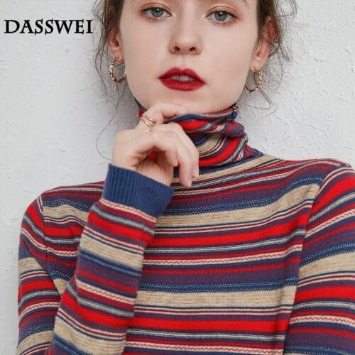 DASSWEI Fashion TurtleNeck Sweaters For Womens Tops Casual Winter Slim Long Sleeve Pullovers Striped Knitted Jumper Bottoming