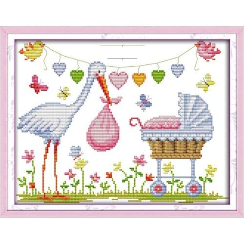 The crane birth record cross stitch kit for new born baby 14ct 11ct printed canvas embroidery DIY handmade needlework plus