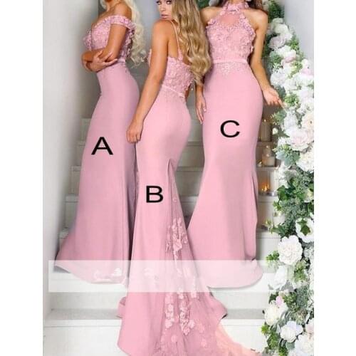 Pink Cheap Bridesmaid Dresses Under 50 Mermaid Halter Flowers Long Wedding Party Dresses For Women