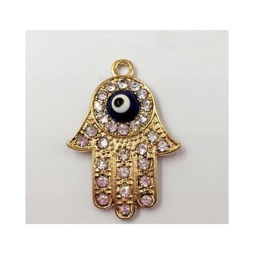 Newest 10 Pieces/Lot 21mm*31mm Beautiful Religious Gold color Enamel Crystal Evil Eye Hand Hamsa Charms