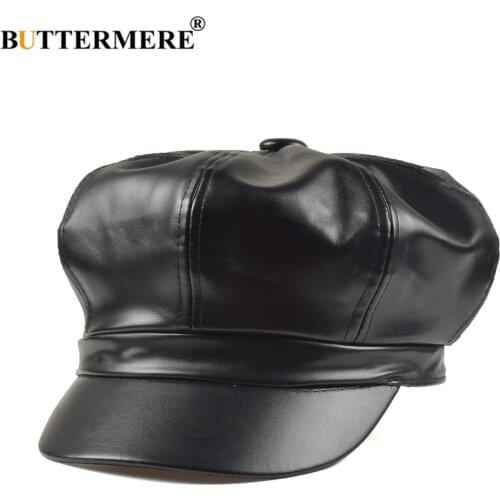 BUTTERMERE Newsboy Cap Pu Leather Solid Black Octagonal Cap Autumn Winter Vintage Ladies Flat Cap Female Beret Hat