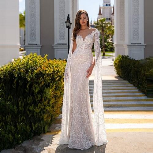 Beach Bohemian Wedding Gown With Detachable Long Gossamer Cape Button Back Queen Style Custom Elegant Sheath Formal Bridal Dress