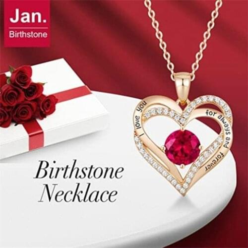 January To December Birthstone Necklace with Heart Inlaid Lettering Necklace for Women Wedding Engagement Party Jewelry