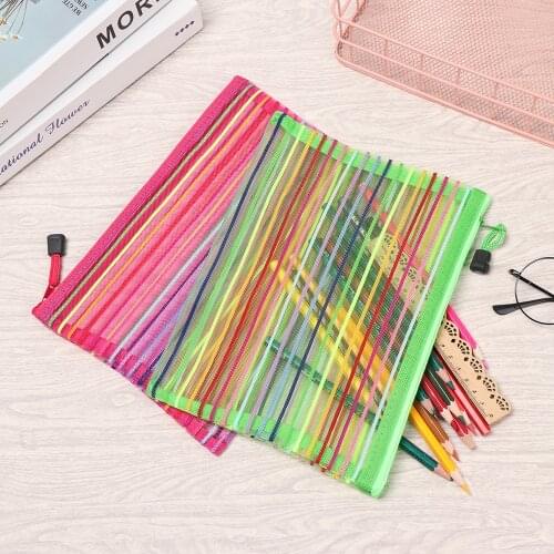 1PC Rainbow Color Mesh Pencil Case Mesh Document Bag Multicolor Zipper Nylon Pencil Case Office Student Stationery School Supply