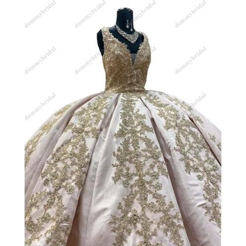 Bling bling Gold Embroidery V neck Cheap 2021 Quinceanera Formal Evening Dress Beads Floor Length Charro Vestido De 15 Anos XV