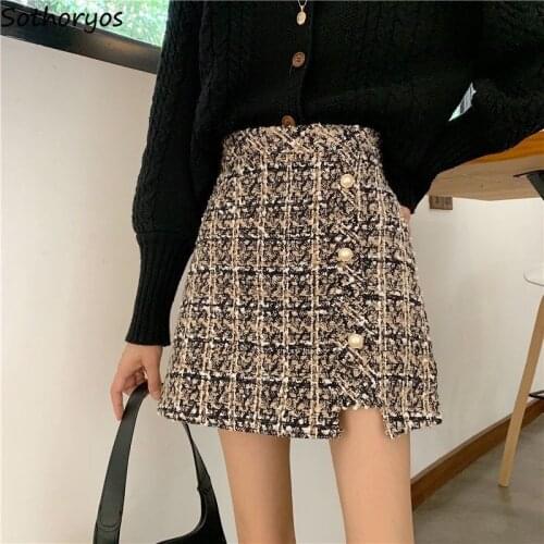 Skirts Women Winter Fall Mini Buttons Asymmetrical Plaid Irregular Hem Elegant Fashion Chic Retro Leisure A-line Slim All-match