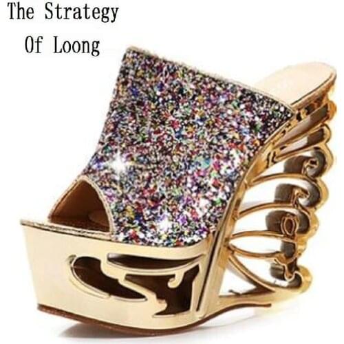 Women 2019 New Arrival Summer Glitter Wedges Slippers Lady Sexy Cutout Platform Fashion High Heels Open The Toe Sandals