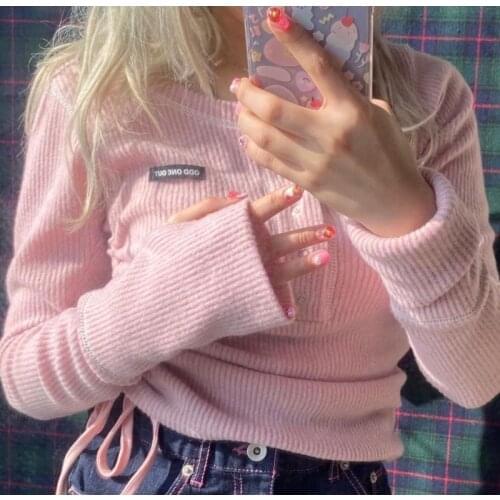 Woman Sweaters Pullover Korean Style Chi Clever Odd Girl Pink Tender Waist Fine Drawstring T-shirt Top Femme Chandails