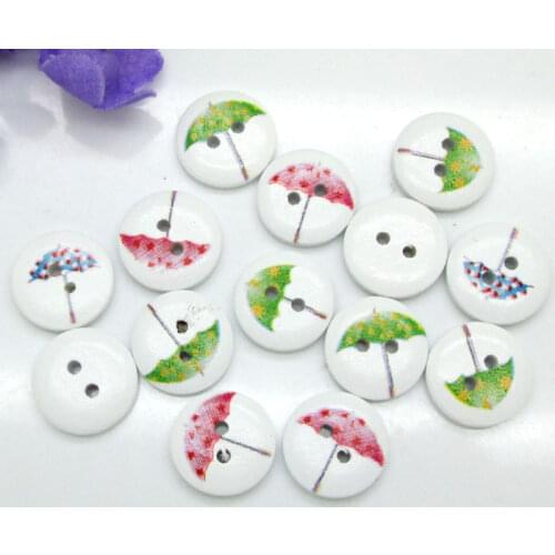 100pcs 15mm Mixed White Round Umbrella Pattern Wooden Buttons For Clothes Crafts Sewing Scrapbooking DIY Accessories
