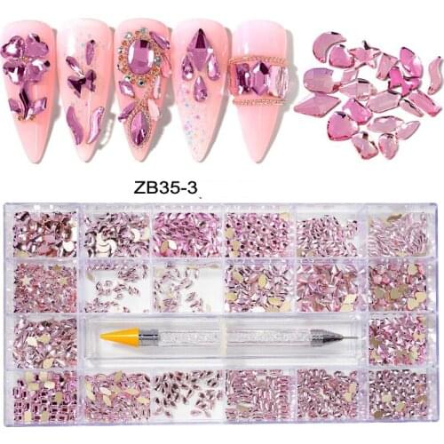 1000pcs One Box + 1 Dotting Pen New Rhinestons For Nail, 20 Different Shapes Pink/Mineral Gold/Mineral Silver Manicure Gems#ZB35