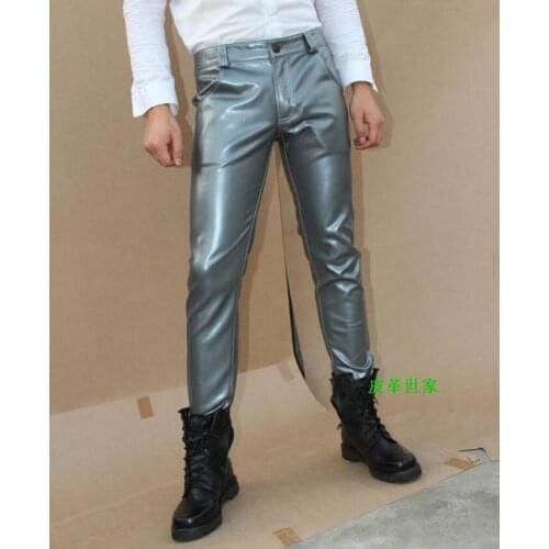 29-39 ! Mens Casual Clothing Slim Boot Cut Jeans Black Silver Red Male Leather Pants Plus Size Trousers Stage Singer Costumes