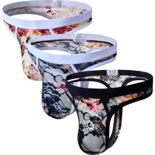 3PCS Men Briefs Underwear Lace Printing Breathable G-Strings Thongs Briefs Lace Thong Transparent Sexy Mens Underwear Panties