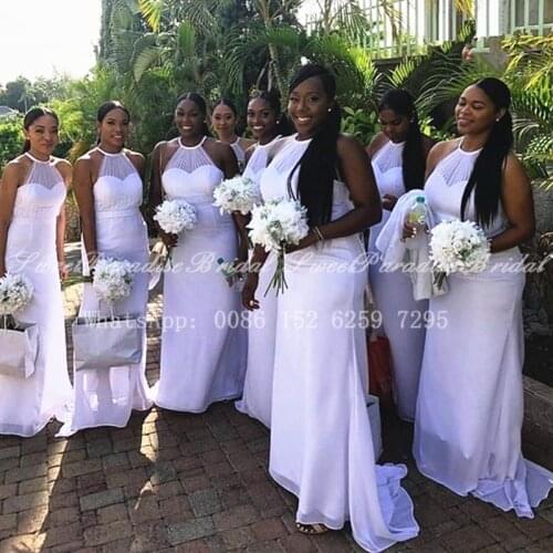 Bohemia Mermaid Long Bridesmaid Dresses 2020 White Sheer Halter African Women Wedding Party Dress Vestido De Fiesta De Boda