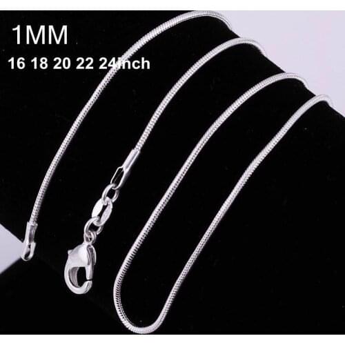 Free Shipping 100pcs Mixed Size 16-24Inch White Copper Silver Plated Snake Chain 1Mm Smooth