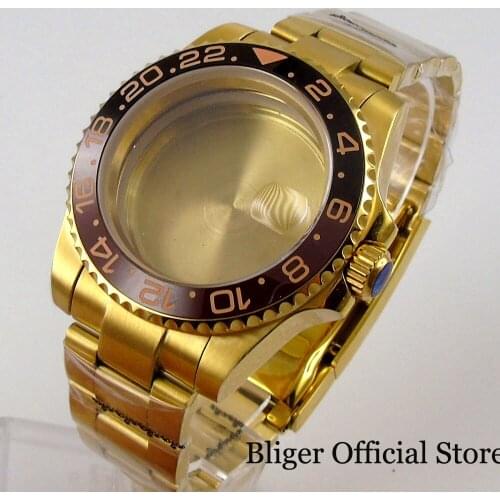 BLIGER Full Yellow Gold Plated 40mm Automatic Watch Case for NH35A MIYOTA 8215 8205 MINGZHU 2813 3804 Oyster Strap