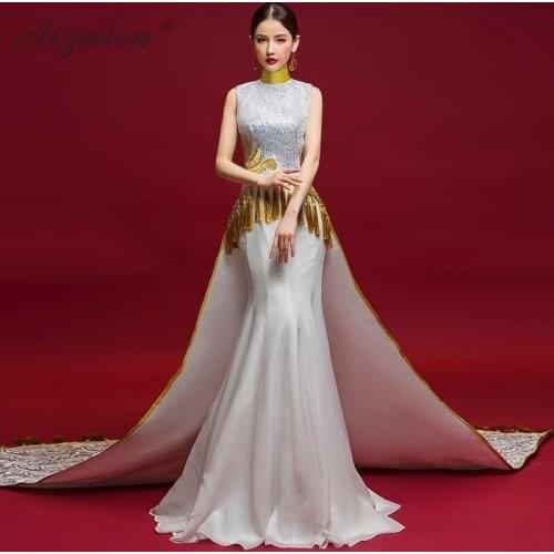 Tulle Formal Evening Party Dress Tassel Satin Cheongsam Trailing Mermaid Wedding Dresses Women Elegant White Vintage Qipao Gown