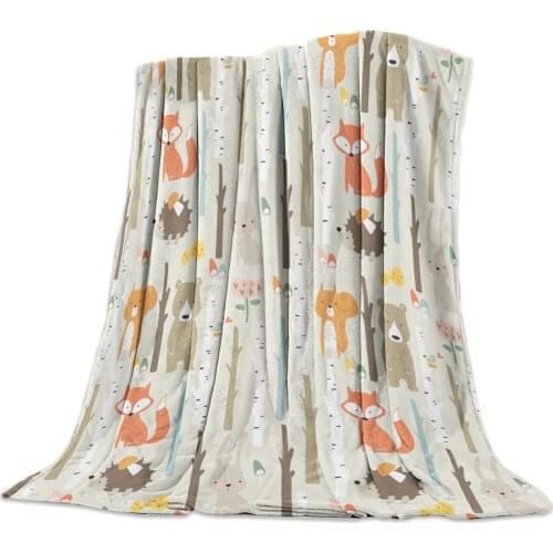 Flannel Blanket for Bed Cartoon Forest Animal Tree Fox Bear Rabbit Child Throw Blanket Portable Soft Blanket Warm Bed Sheets