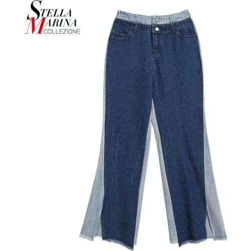 Hit Color 2021 Patchwork Woman Spring High Waist Vintage Long Flare Denim Pants Elastic Ladies Jean Pants Trousers Style 8000