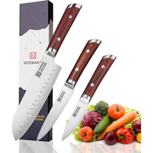 KEEMAKE Santoku Utility Paring Knife German 1.4116 Steel Blade Kitchen Knives Set Color Wood Handle Sharp Meat Fruit Cut Tools