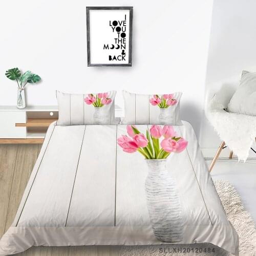 White Vase Bedding Set King Size Simple Elegant Duvet Cover 3D Queen Twin Full Single Double Pink Tulips Bed Set For Girls