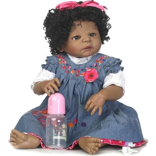 Black skin whole silicone reborn baby girl dolls 22" lifelike newborn baby curly hair wig bebe princess reborn bonecas kids gift