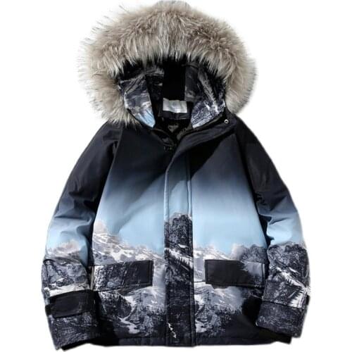 Harajuku Japan Style Winter Jacket Men Print Street Fashion Parkas Fur Collar Thick Warm Jacket Men High Street Coat Casual