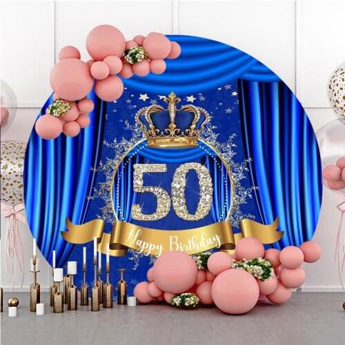 Laeacco Blue Curtain Crown Happy 50th Birthday Round Backdrop Customized Portrait Circle Photography Background Photo Studio