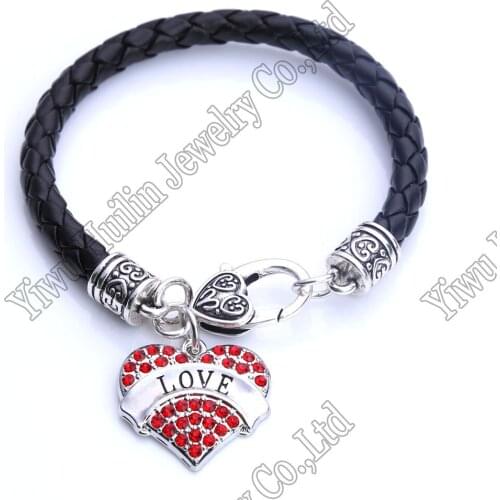 LOVE Heart leather Bracelet Crystal Hearts Metal Dancing Art Lobster Claw Bracelets