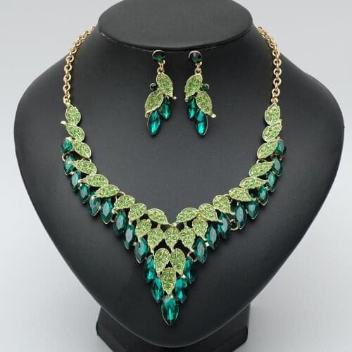 New Elegant Green Leaves Costume Necklace Earrings Luxury Austirian Crystal Muslim Jewelry Sets Fit With Wedding Party Clothing
