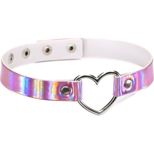 New Harajuku style reflective laser metal hollow love punk necklace neckline women and short leather collarbone chain