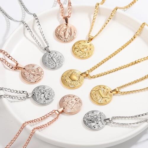 MYDIY New Trendy Retro Zodiac Sign Necklaces Gold Chain Stainles Steel 12 Constellation Round Shape Pendant Necklace For Women