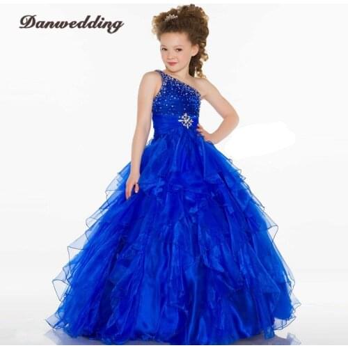 One-Shoulder Flower Girl Dress For Wedding Organza Cascading Ruffles Frist Communion Dress For Girls Kids Pageant Evening Dress