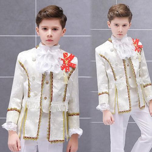Latest Classic Boys European Court Drama Costume Children White Stage Prince Charming Suit Set Kids Jacket Vest Pants 3 Piece