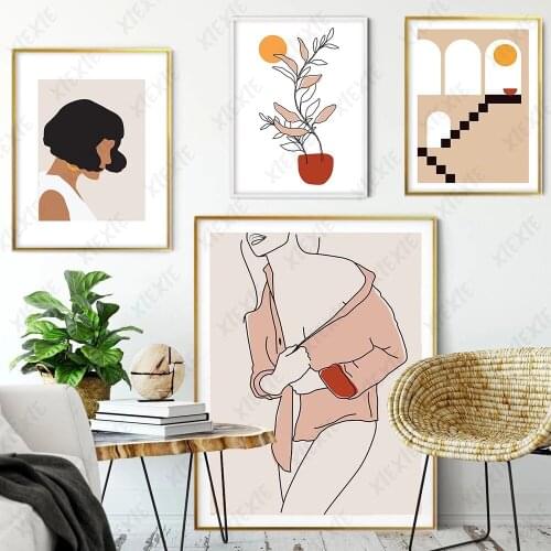 Girl Body Line Poster Side Face Canvas Painting Plant Sun Wallpaper Print Art Craft Picture for Home Bedroom Decoration