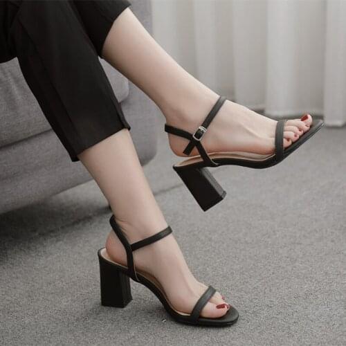 BaoYaFang 2020 Summer Sandals Women 8cm Thick Heel Fashion shoes woman Black Ankle Strap Fashion sandals Buckle Shoes Female